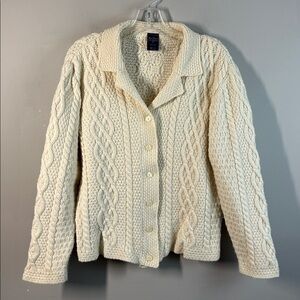 Paul James 100% Wool Cream Fisherman Cardigan Sweater Size S